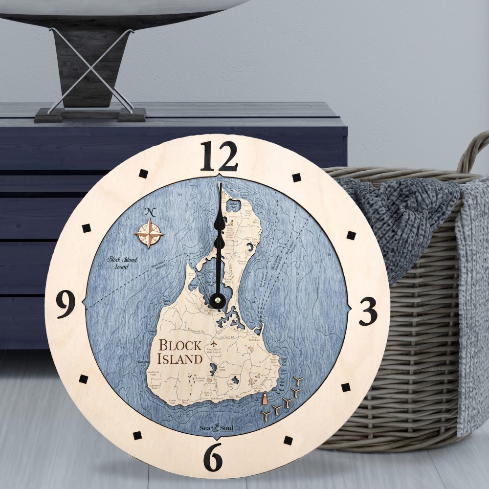 Block Island Nautical Clock Birch Accent with Deep Blue Water Sitting on Ground by Basket