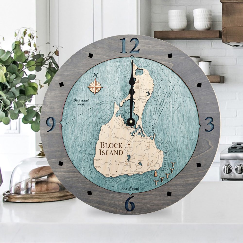 Block Island Nautical Clock Driftwood Accent with Blue Green Water Sitting on Countertop