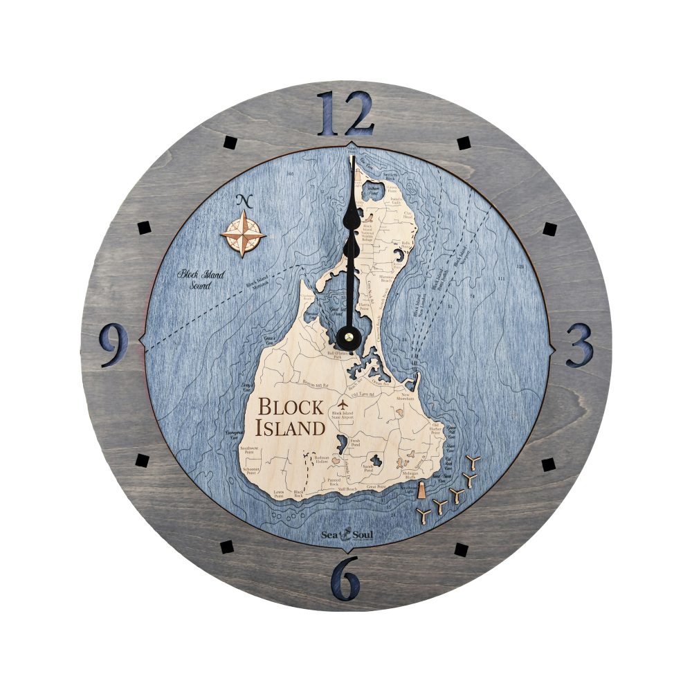 Block Island Nautical Clock Driftwood Accent with Deep Blue Water