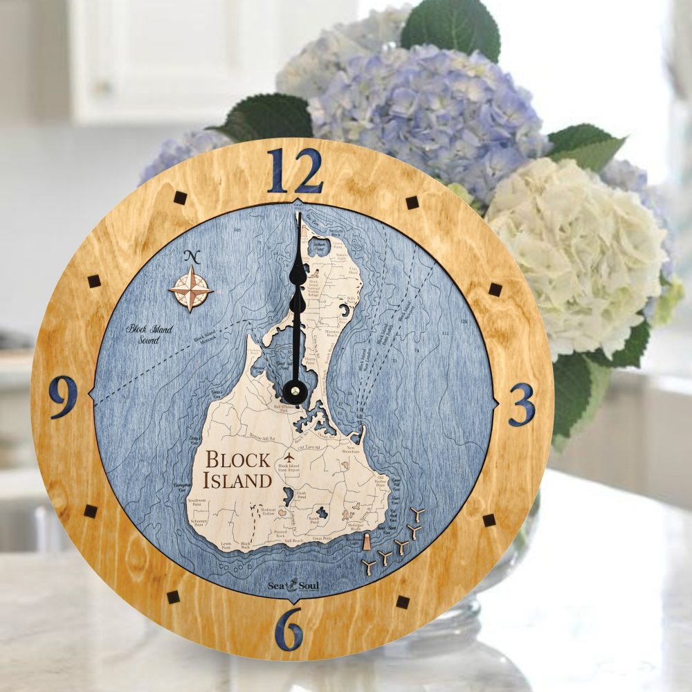 Block Island Nautical Clock Honey Accent with Deep Blue Water Sitting on Countertop by Flowers