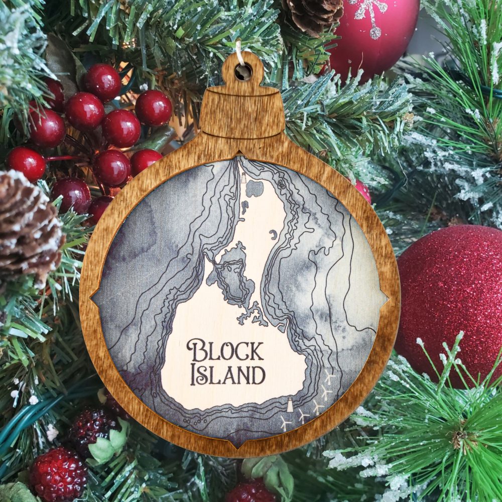 Block Island Christmas Ornament Americana Accent with Deep Blue Water Hanging on Green Christmas Tree with Ornaments