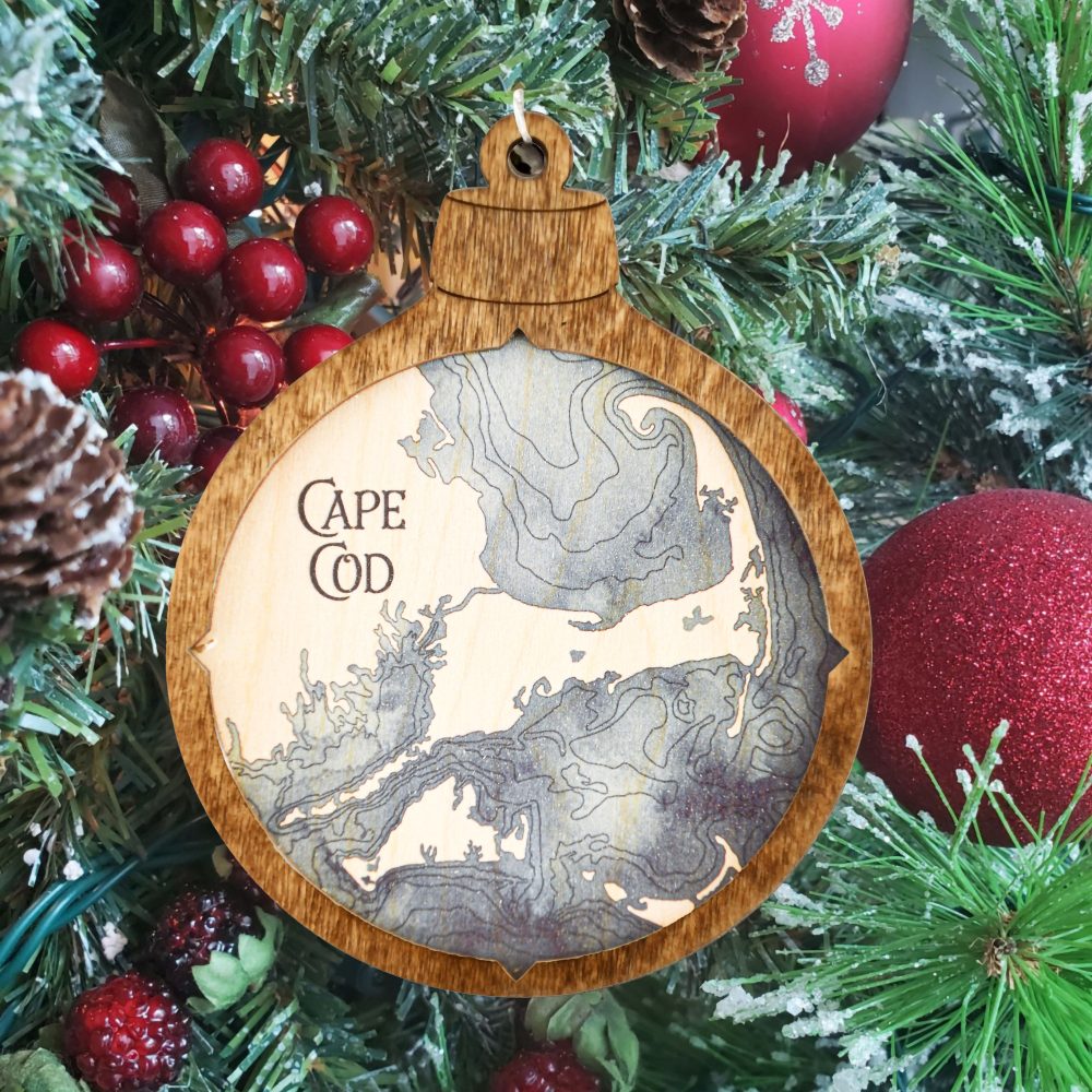 Cape Cod Christmas Ornament Americana Accent with Deep Blue Water Hanging on Christmas Tree with Ornaments