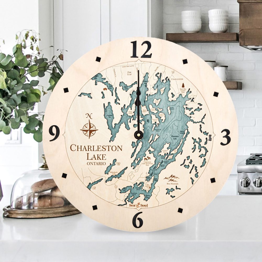Charleston Lake Nautical Clock Birch Accent with Blue Green Water Sitting on Countertop