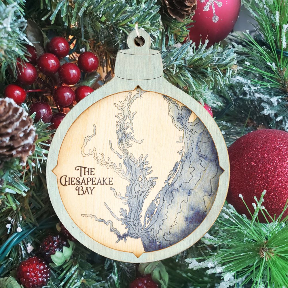 Chesapeake Bay Christmas Ornament Bleach Blue Accent with Deep Blue Water Hanging on Christmas Tree with Ornaments