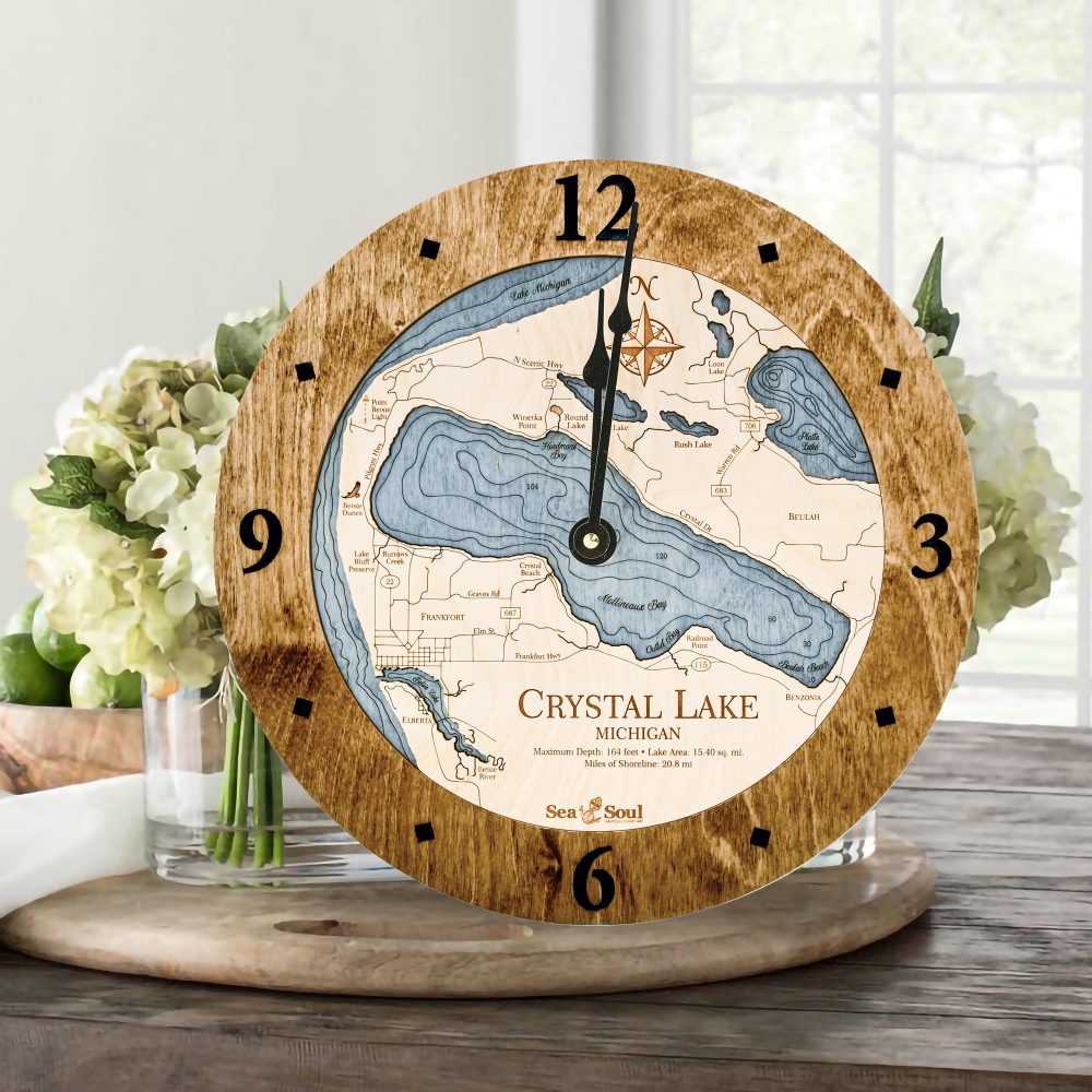 Crystal Lake Nautical Clock Americana Accent with Deep Blue Water Sitting on Table by Flowers