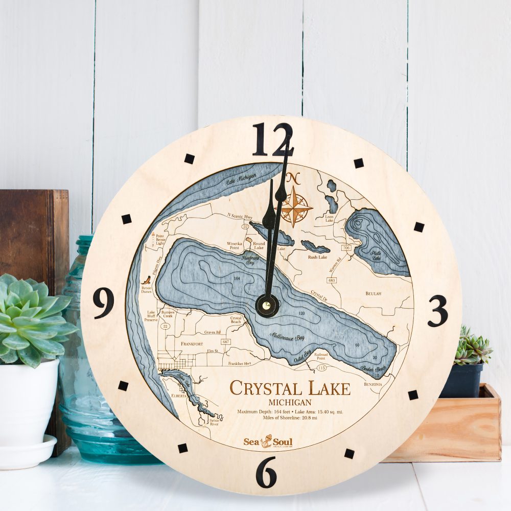 Crystal Lake Nautical Clock Birch Accent with Deep Blue Water Sitting by Succulents