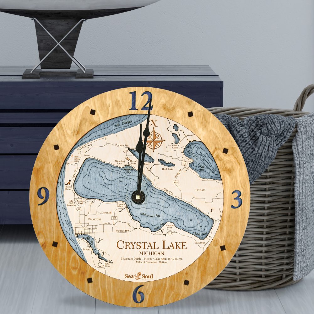 Crystal Lake Nautical Clock Honey Accent with Deep Blue Water Sitting on Ground by Basket