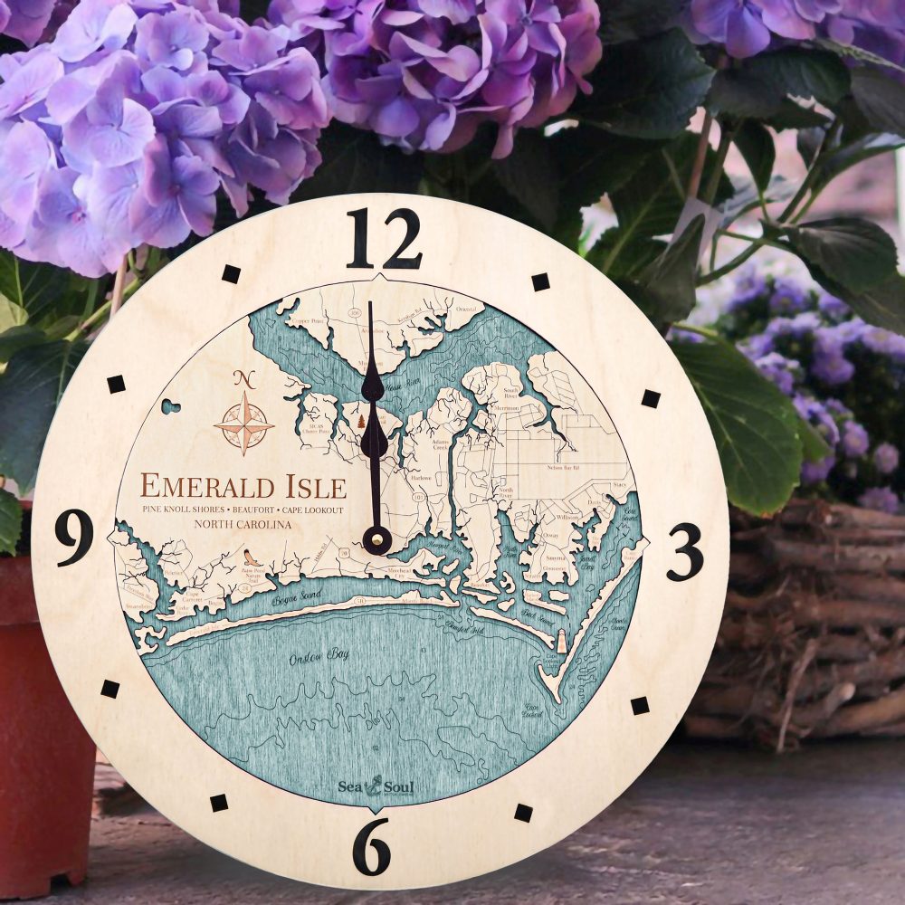 Emerald Isle Nautical Clock Birch Accent with Blue Green Water Sitting on Ground by Flower Pot