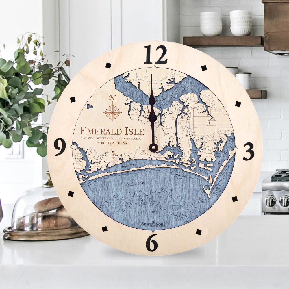 Emerald Isle Nautical Clock Birch Accent with Deep Blue Water Sitting on Countertop
