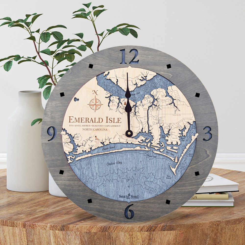 Emerald Isle Nautical Clock Driftwood Accent with Deep Blue Water Sitting on Coffee Table by Books and Vases