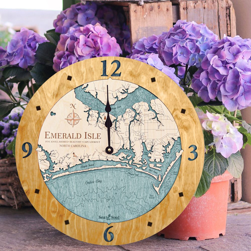 Emerald Isle Nautical Clock Honey Accent with Blue Green Water Sitting on Ground by Flower Pots