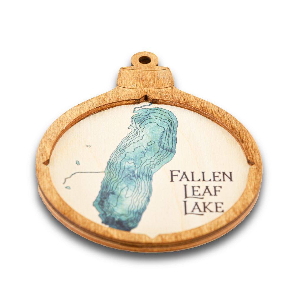 Fallen Leaf Lake Christmas Ornament Americana Accent with Blue Green Water Angle Shot 1