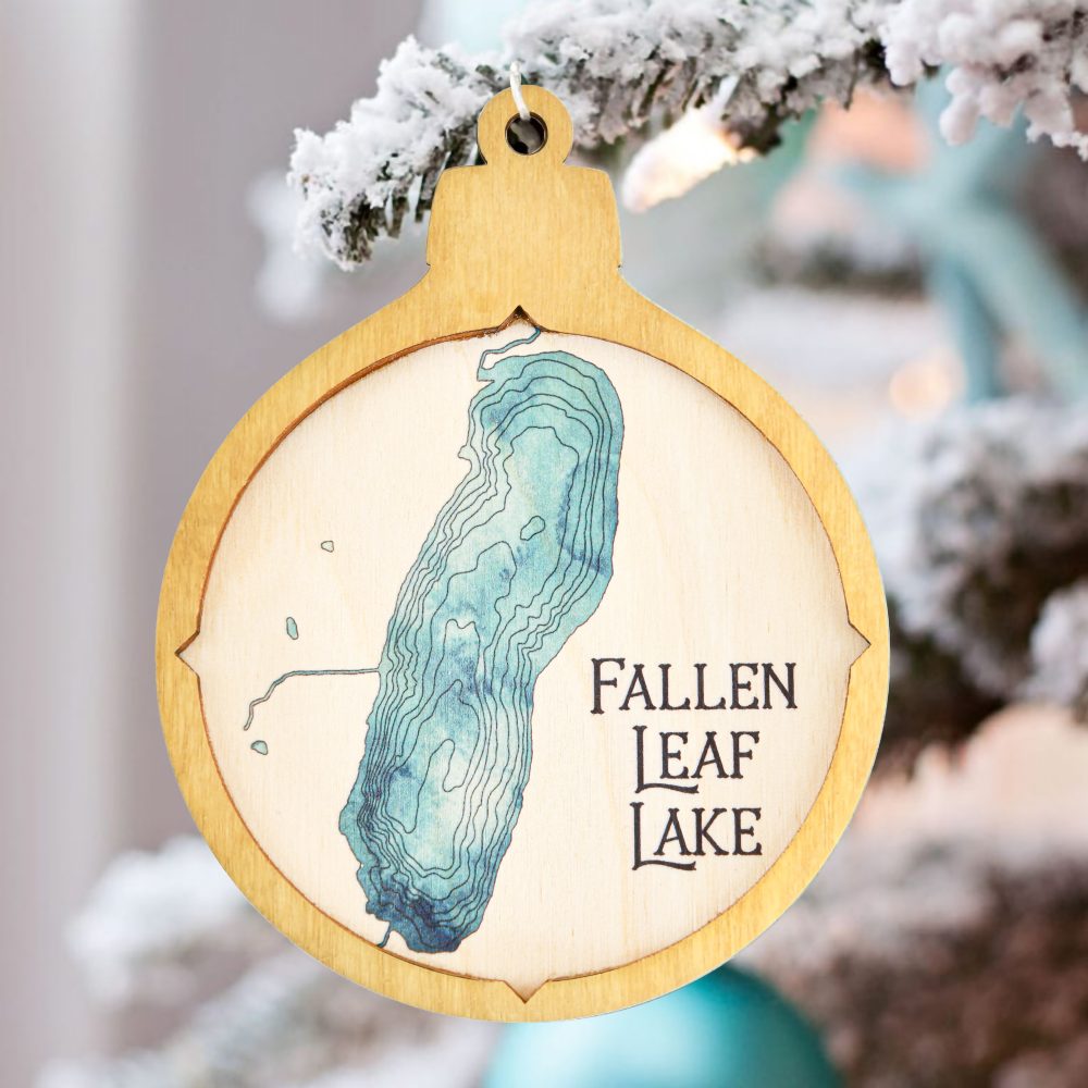 Fallen Leaf Lake Christmas Ornament Honey Accent with Blue Green Water Hanging on Christmas Tree with Snow