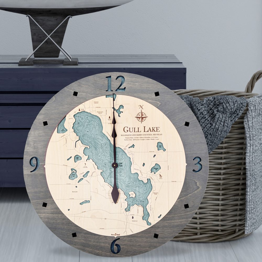 Gull Lake Nautical Clock Driftwood Accent with Blue Green Water Sitting on Ground by Basket