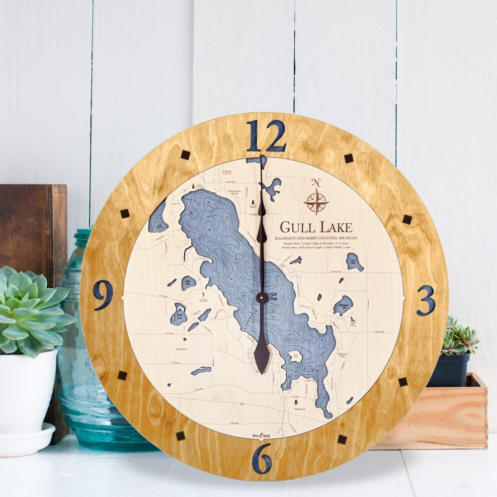 Gull Lake Nautical Clock Honey Accent with Deep Blue Water Sitting by Succulents