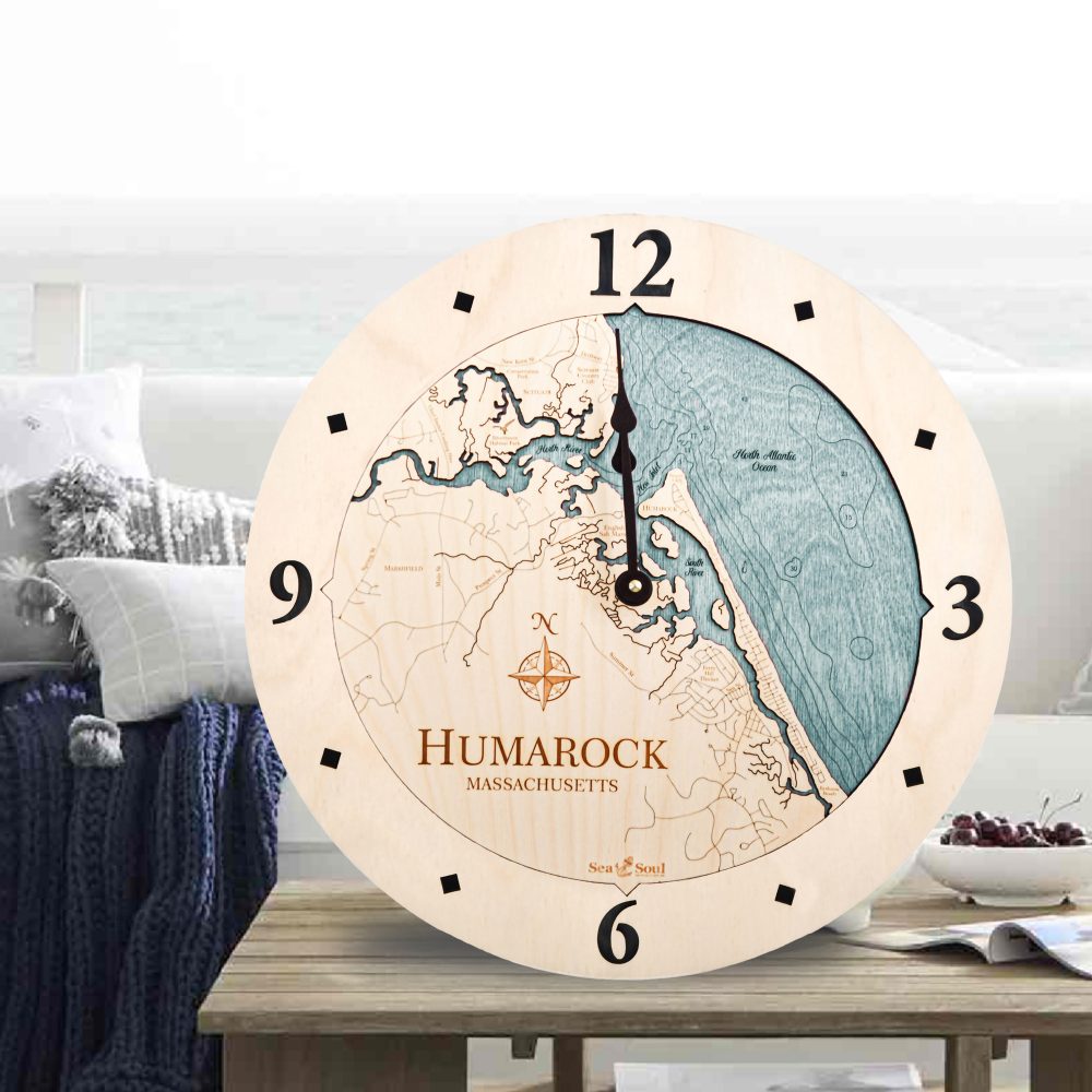 Humarock Nautical Clock Birch Accent with Blue Green Water Sitting on Outdoor Table on Porch