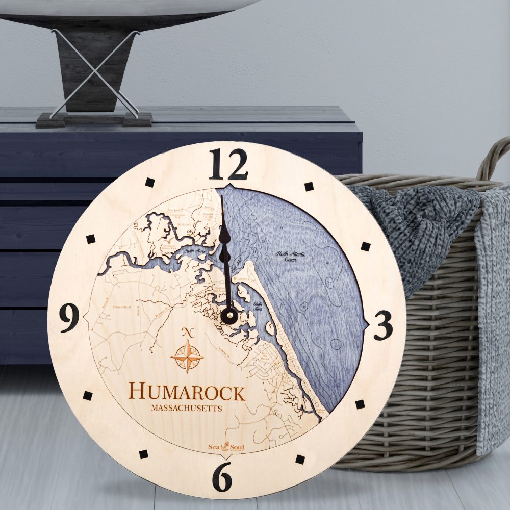 Humarock Nautical Clock Birch Accent with Deep Blue Water Sitting on Ground by Basket