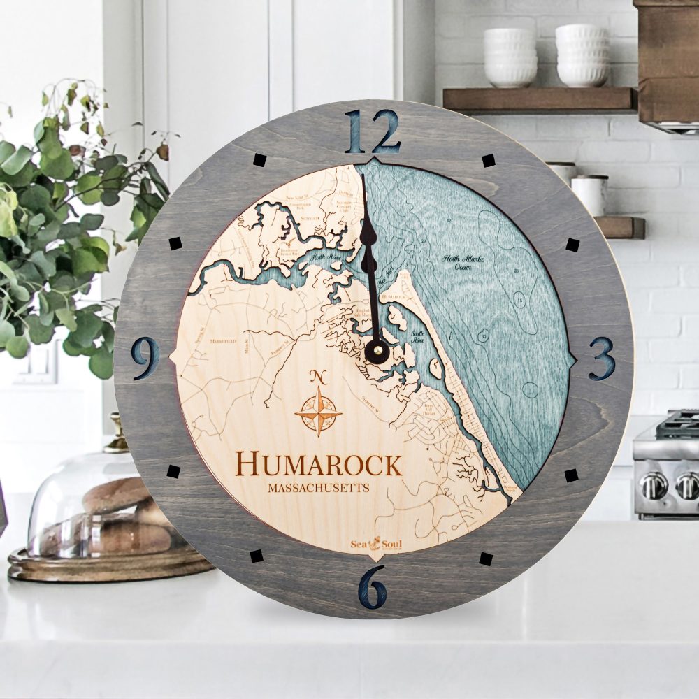 Humarock Nautical Clock Driftwood Accent with Blue Green Water Sitting on Countertop
