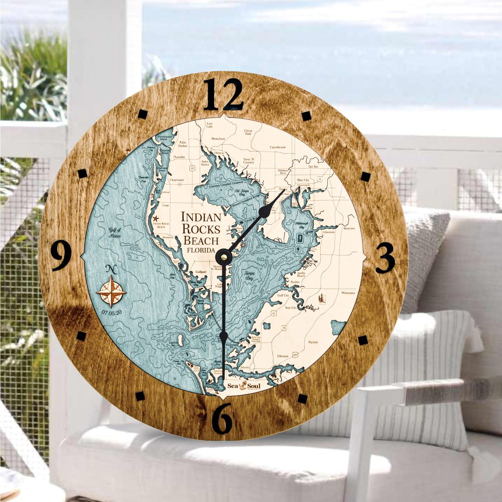 Indian Rocks Beach Nautical Clock Americana Accent with Blue Green Water Sitting on Outdoor Chair on Porch