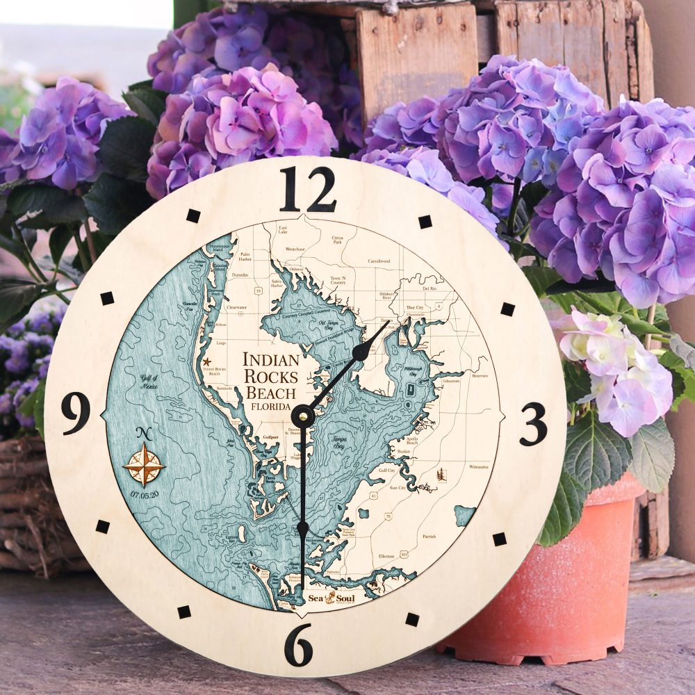 Indian Rocks Beach Nautical Clock Birch Accent with Blue Green Water Sitting on Ground by Flower Pots