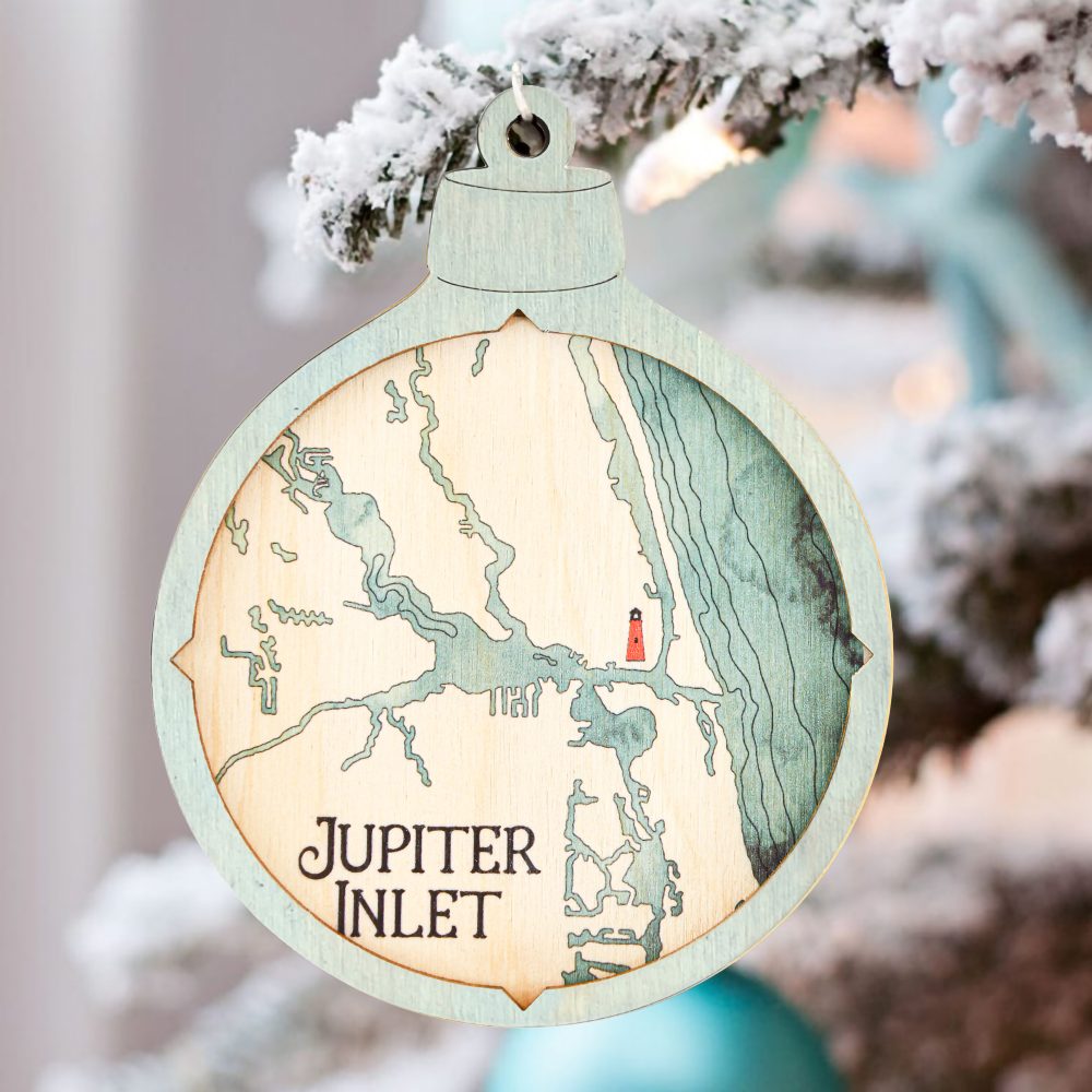 Jupiter Inlet Christmas Ornament Bleach Blue Accent with Blue Green Water Hanging on Christmas Tree with Snow