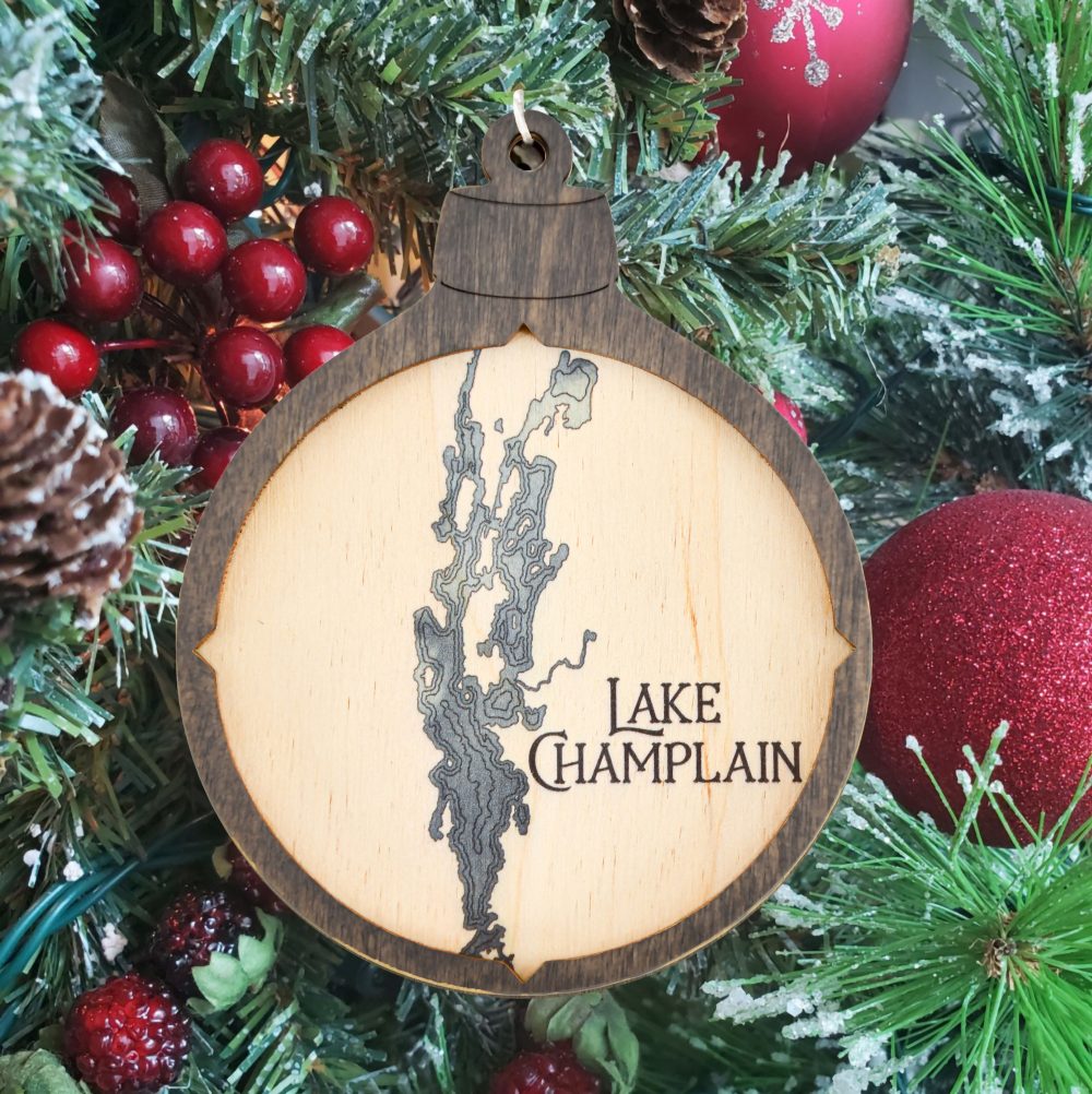 Lake Champlain Christmas Ornament Bleach Blue Accent with Deep Blue Water Hanging on Tree with Ornaments