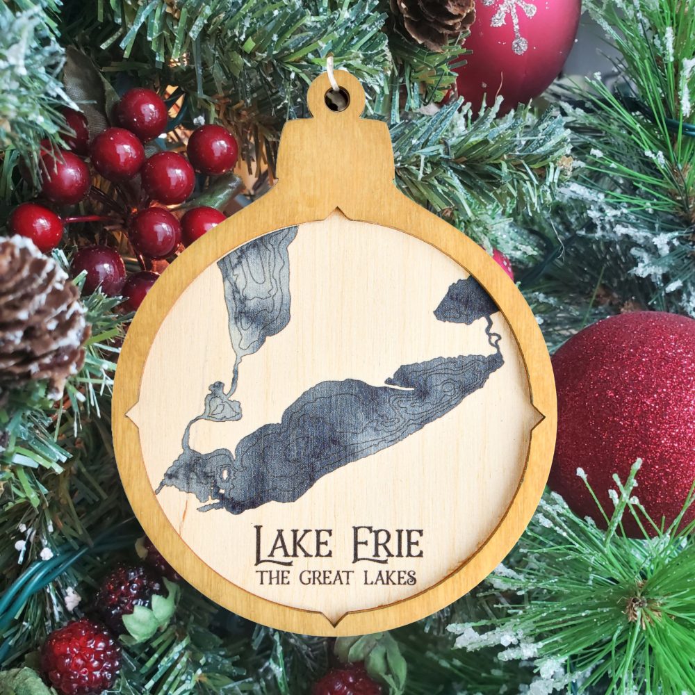 Lake Erie Christmas Ornament Honey Accent with Deep Blue Water Hanging on Christmas Tree with Ornaments