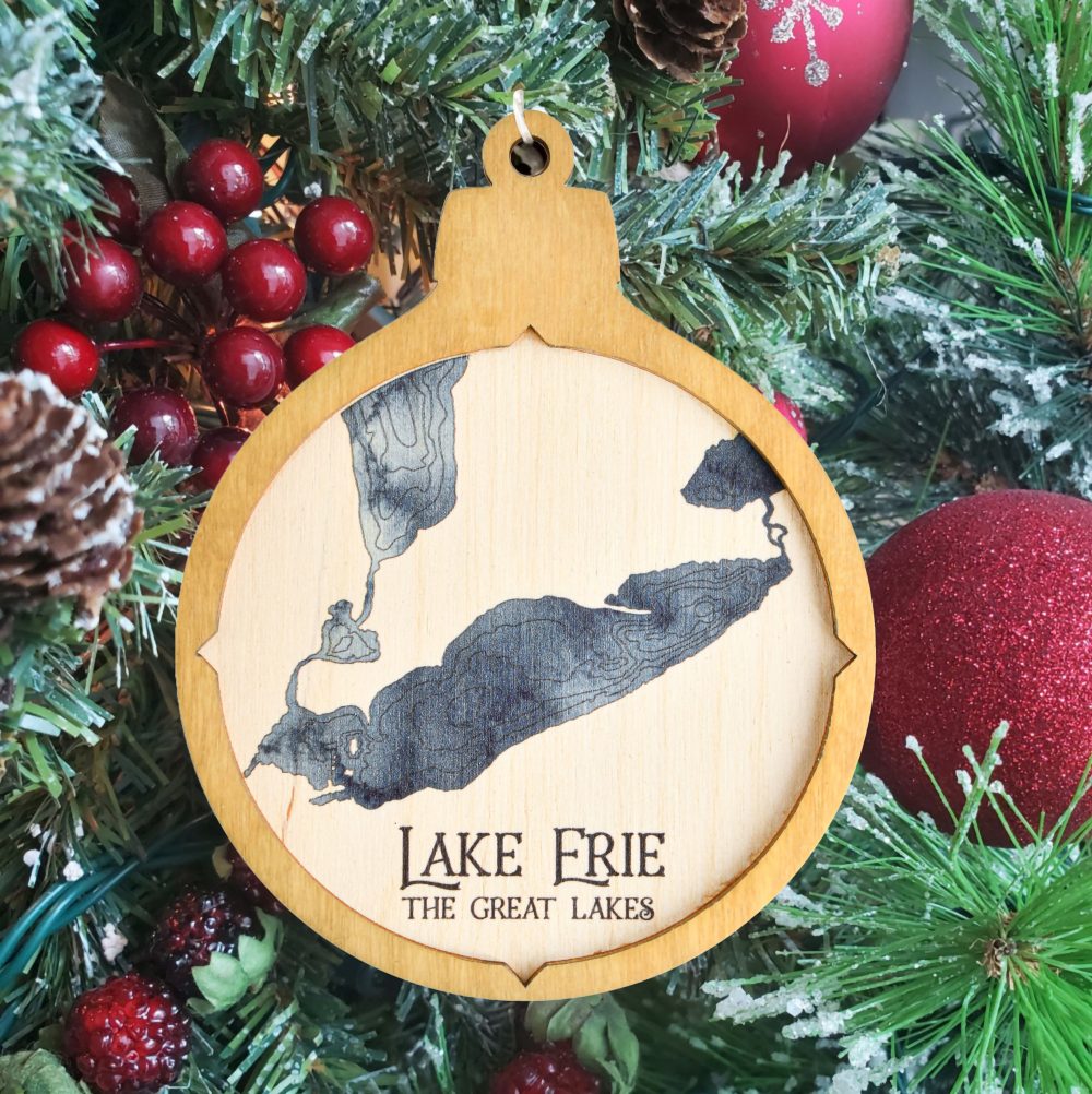 Lake Erie Christmas Ornament Honey Accent with Deep Blue Water Hanging on Christmas Tree with Ornaments