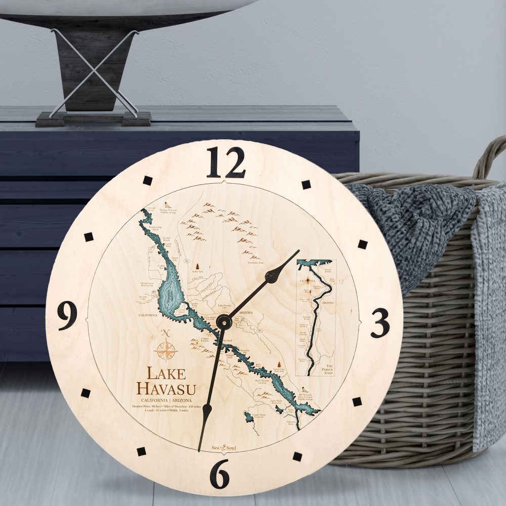 Lake Havasu Nautical Clock Birch Accent with Blue Green Water Sitting on Ground by Basket