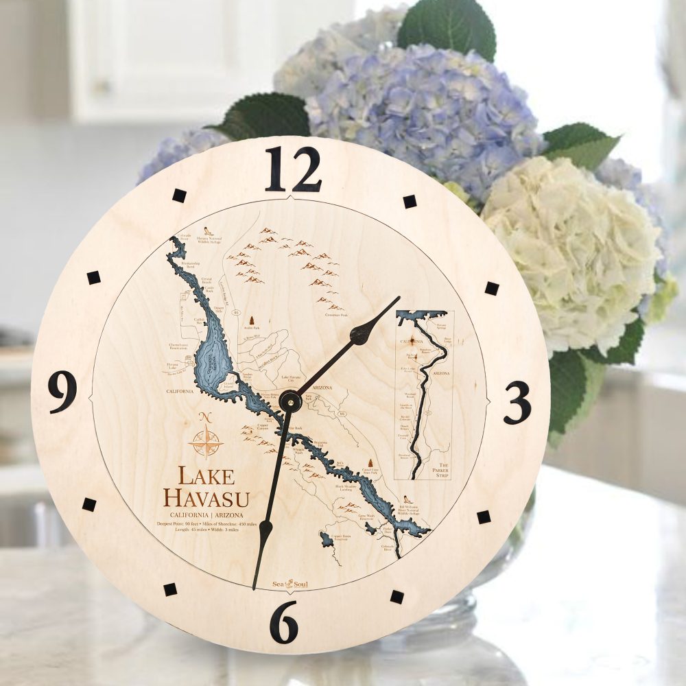 Lake Havasu Nautical Clock Birch Accent with Deep Blue Water Sitting on Countertop by Flowers