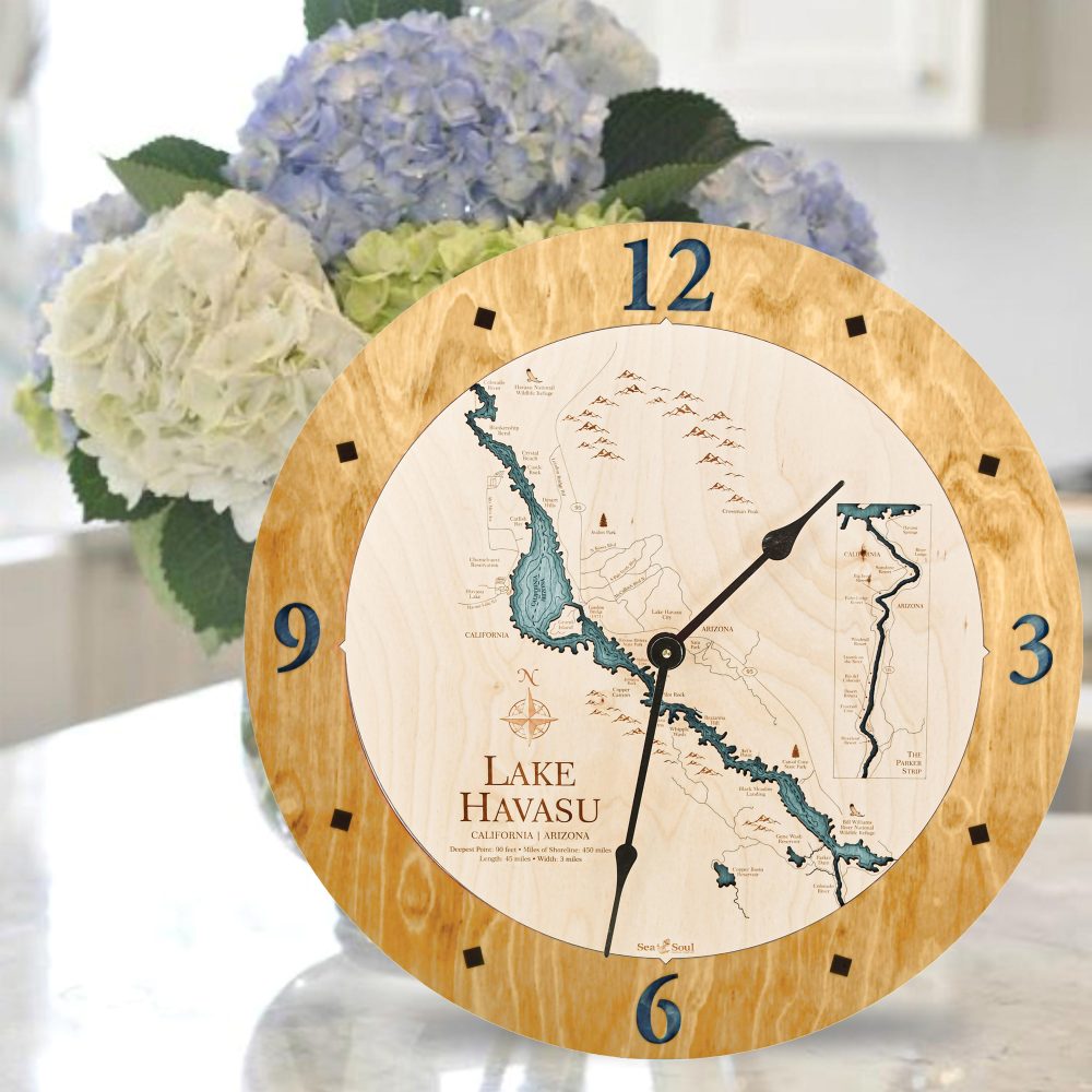 Lake Havasu Nautical Clock Honey Accent with Blue Green Water Sitting on Countertop with Flowers