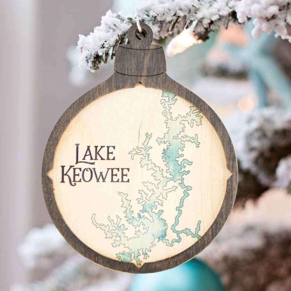 Lake Keowee Christmas Ornament Driftwood Accent with Blue Green Water Hanging on Christmas Tree with Snow