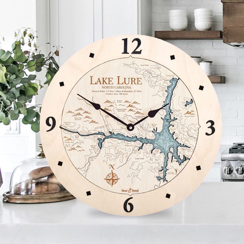 Lake Lure Nautical Clock Birch Accent with Blue Green Water Sitting on Countertop