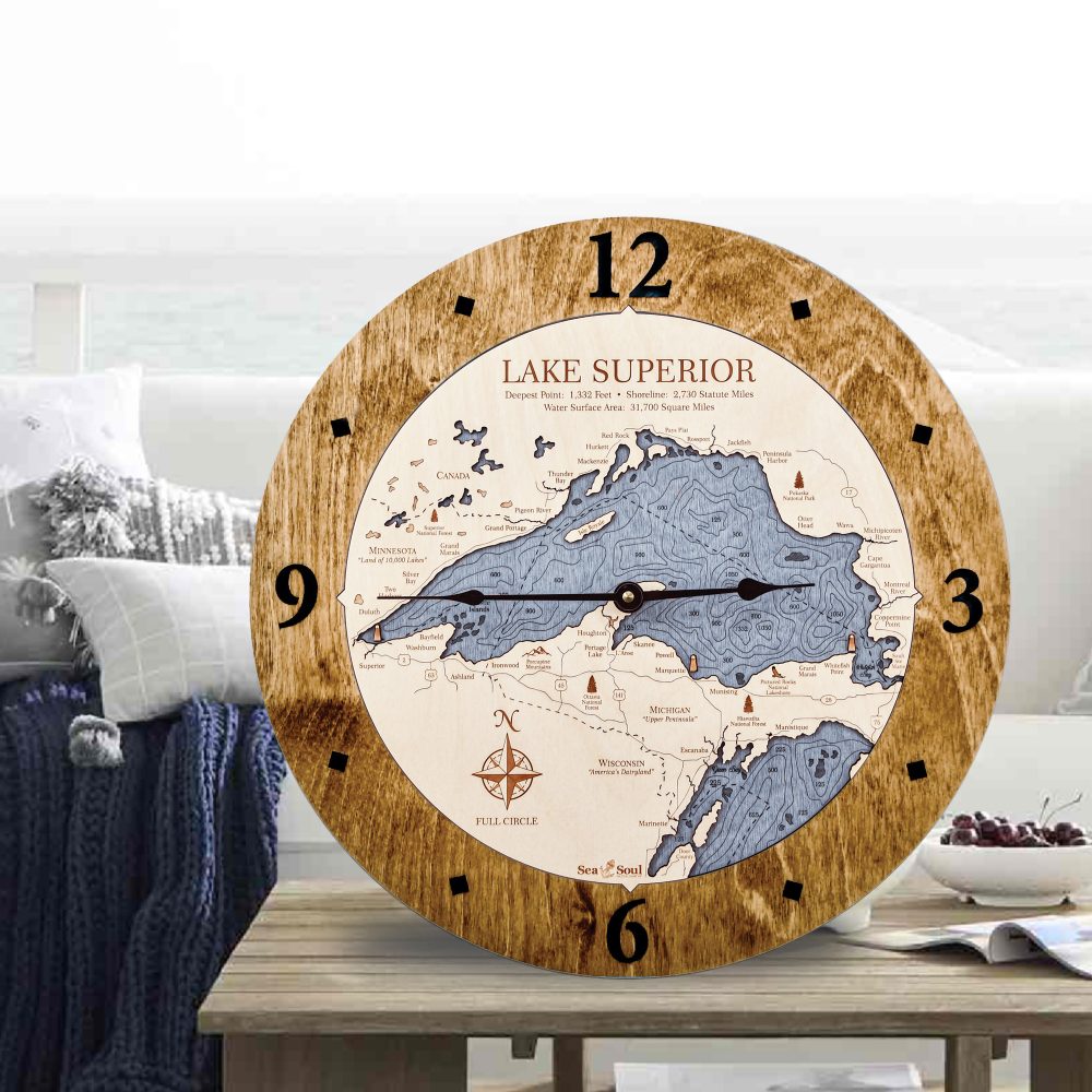 Lake Superior Nautical Clock Americana Accent with Deep Blue Water Sitting on Outdoor Table on Porch