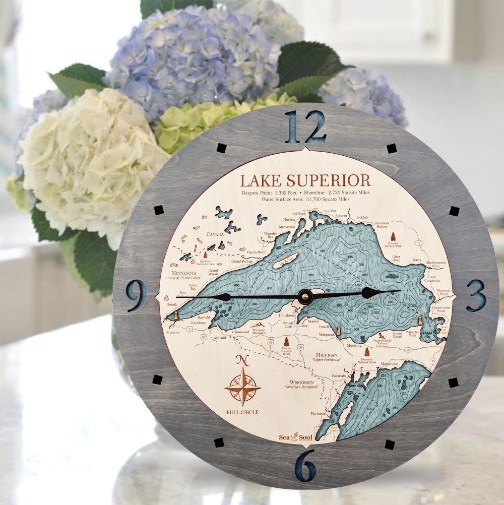 Lake Superior Nautical Clock Driftwood Accent with Blue Green Water Sitting on Countertop by Flowers