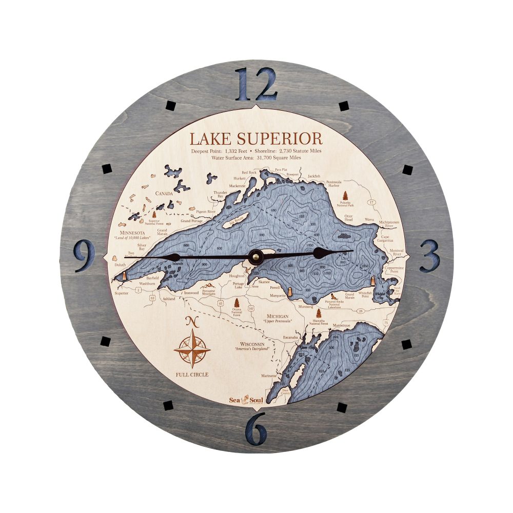 Lake Superior Nautical Clock Driftwood Accent with Deep Blue Water