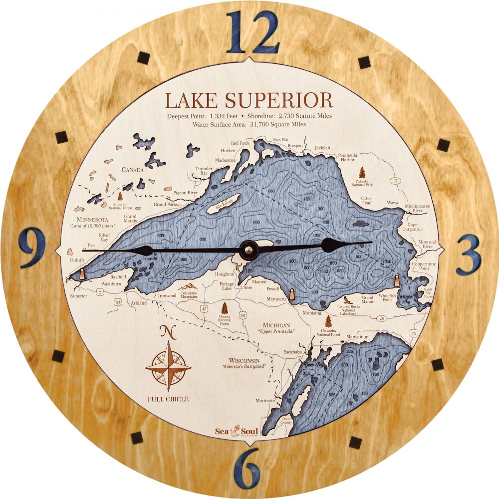 Lake Superior Nautical Clock Honey Accent with Deep Blue Water Product Shot