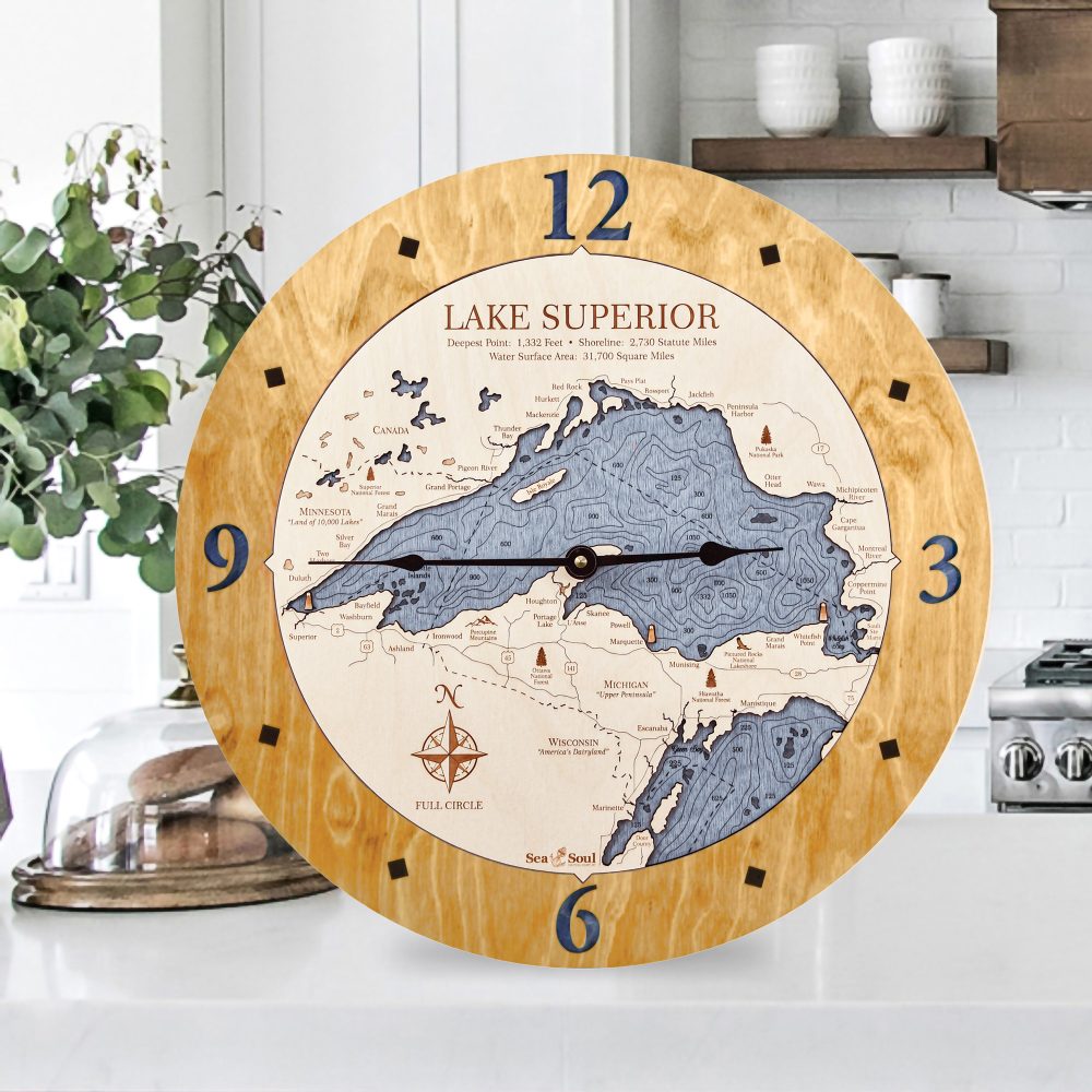 Lake Superior Nautical Clock Honey Accent with Deep Blue Water Sitting on Countertop