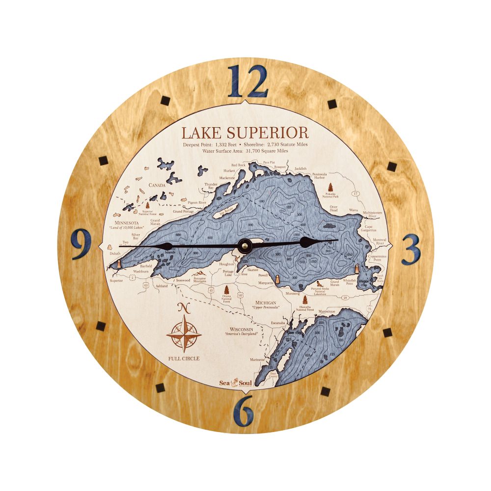 Lake Superior Nautical Clock Honey Accent with Deep Blue Water