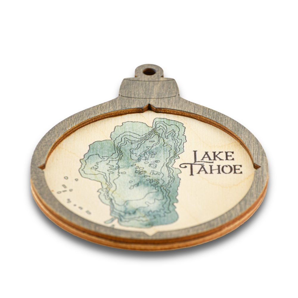 Lake Tahoe Christmas Ornament Driftwood Accent with Blue Green Water Angle Shot 1