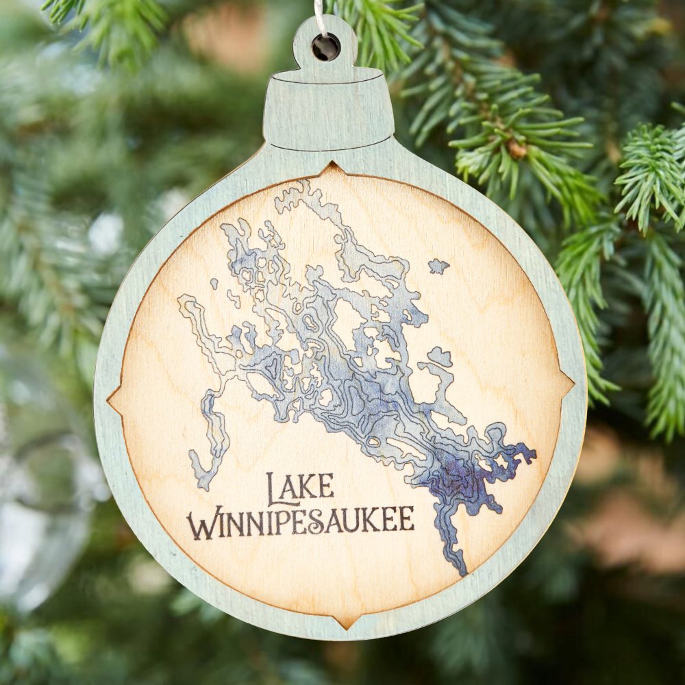 Lake Winnipesaukee Christmas Ornament Bleach Blue Accent with Deep Blue Water Hanging on Christmas Tree