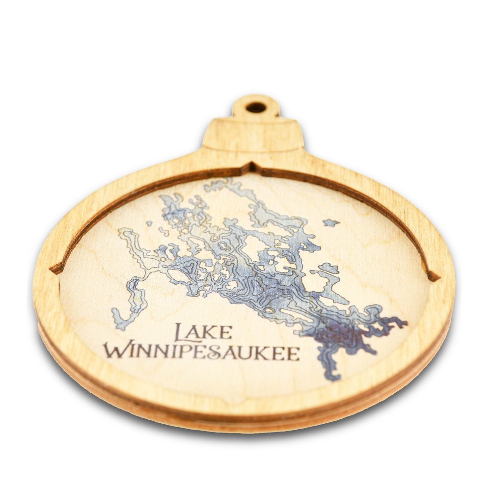 Lake Winnipesaukee Christmas Ornament Honey Accent with Deep Blue Water Angle Shot