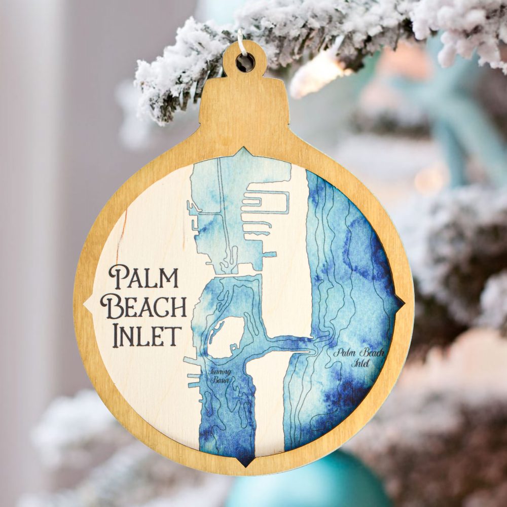 Palm Beach Inlet Christmas Ornament Honey Accent with Deep Blue Water Hanging on Christmas Tree with Snow