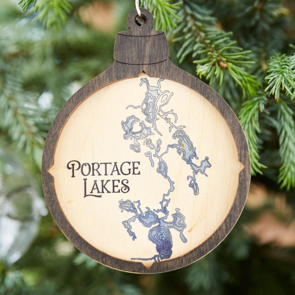 Portage Lakes Christmas Ornament Driftwood Accent with Deep Blue Water Hanging on Christmas Tree