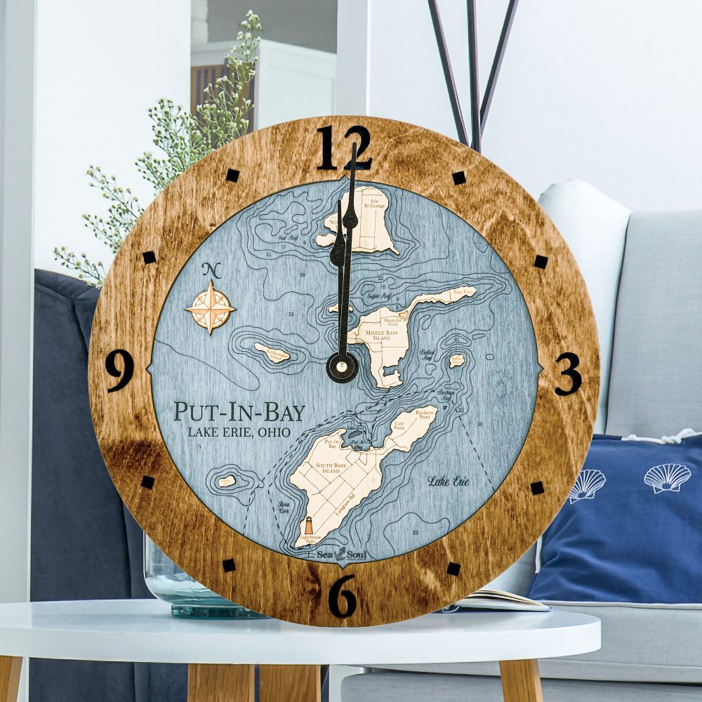 Put in Bay Nautical Clock Americana Accent with Deep Blue Water Sitting on Coffee Table by Armchair