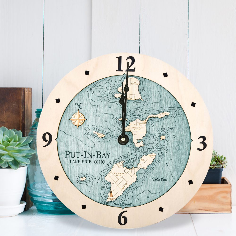 Put in Bay Nautical Clock Birch Accent with Blue Green Water Sitting by Succulents