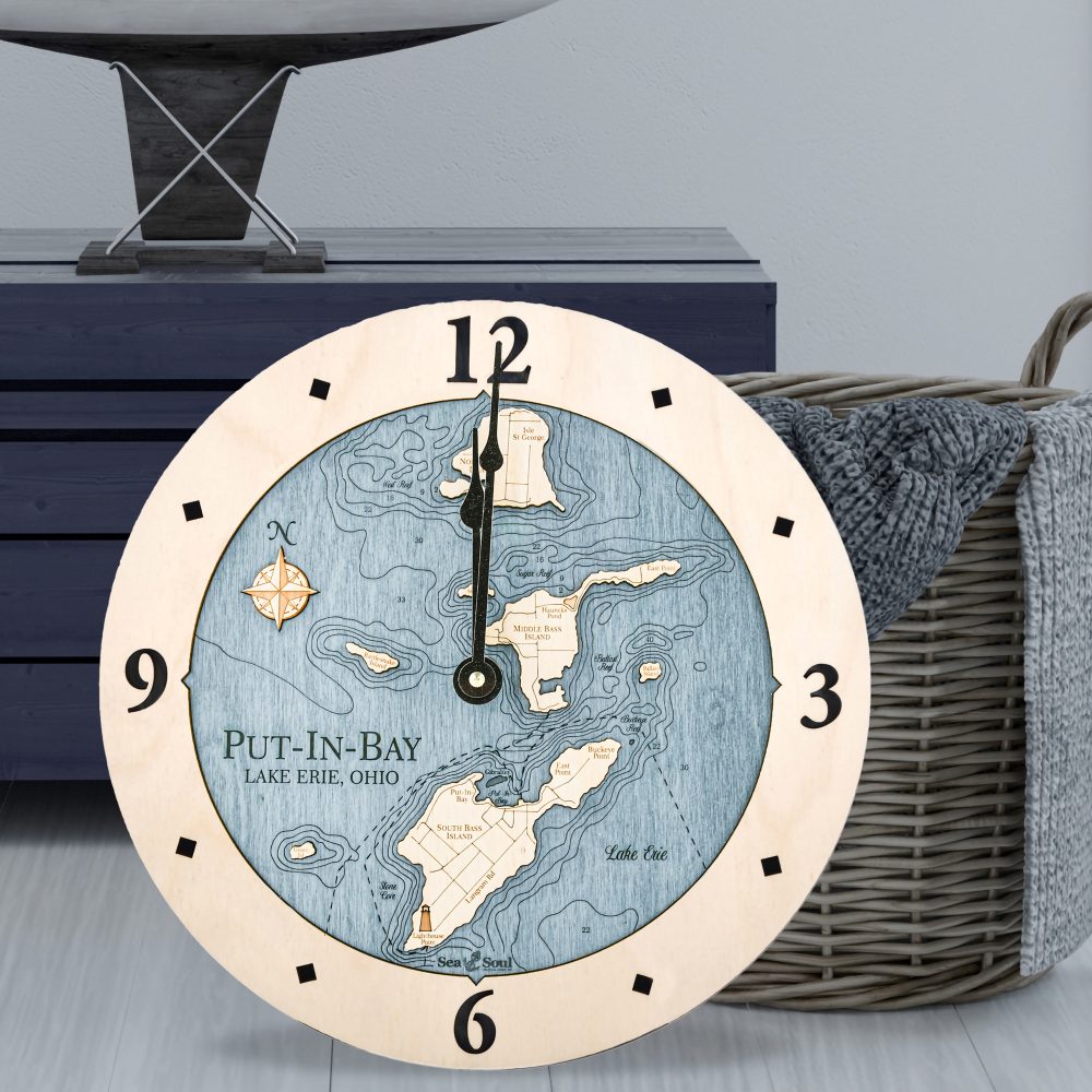 Put in Bay Nautical Clock Birch Accent with Deep Blue Water Sitting on Ground by Basket