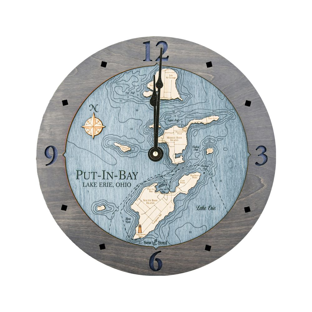 Put in Bay Nautical Clock Driftwood Accent with Deep Blue Water