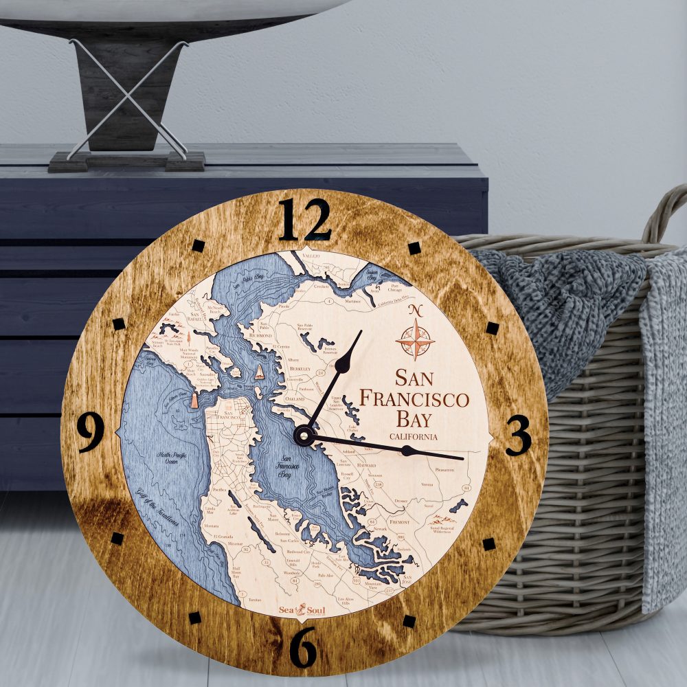 San Francisco Nautical Clock Americana Accent with Deep Blue Water Sitting on Ground by Basket