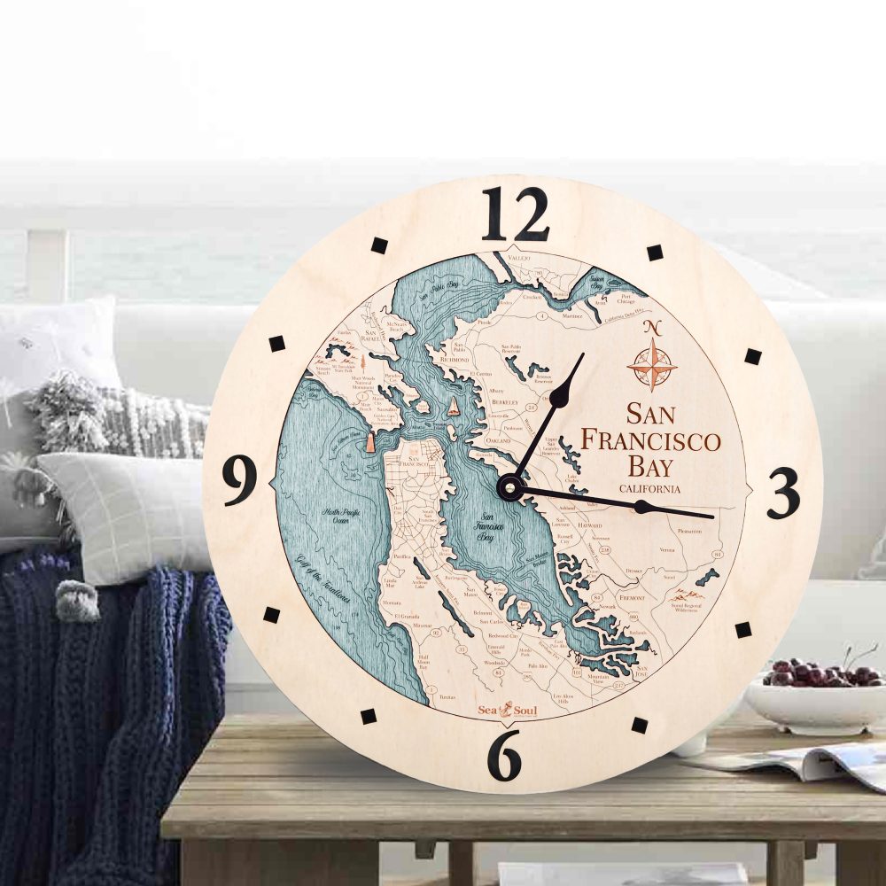 San Francisco Nautical Clock Birch Accent with Blue Green Water Sitting on Outdoor Table on Porch